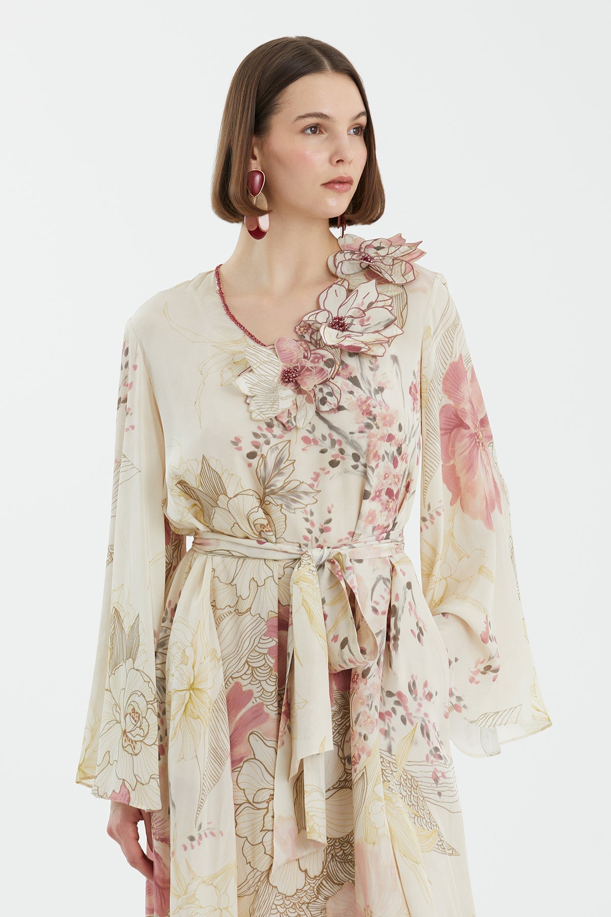 Floral Appliqué Draped Dress