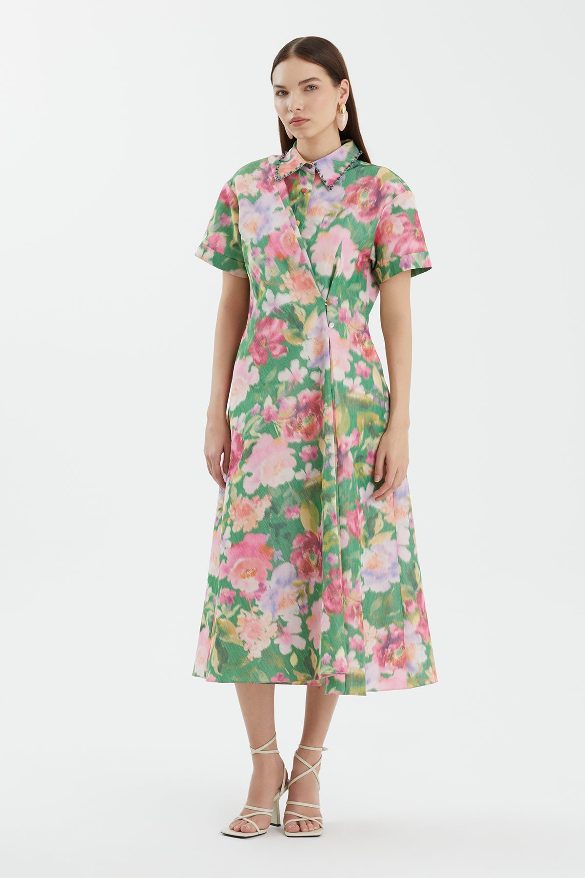 Embroidered Collar Printed Dress