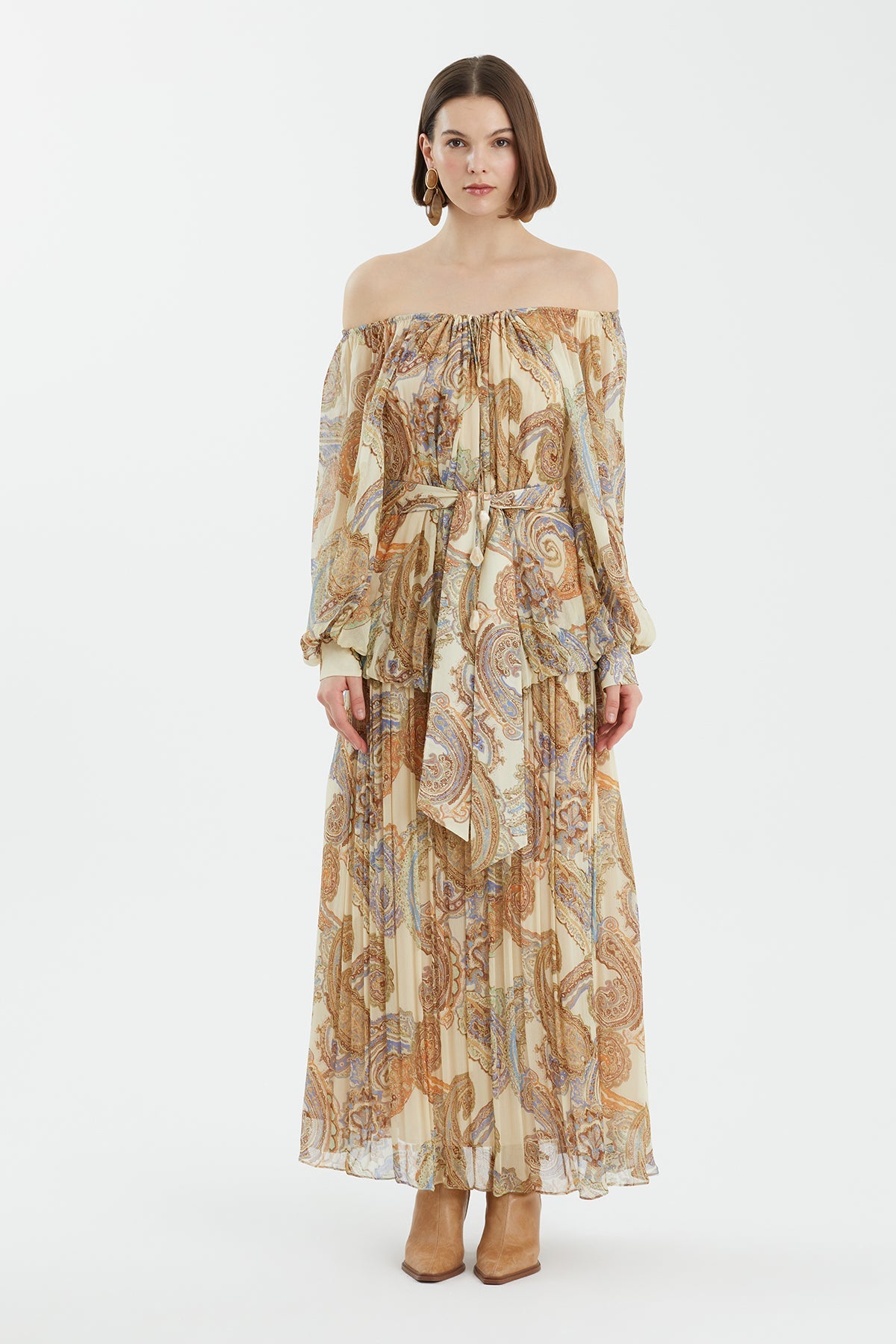 Puff Sleeve Gathered Printed Dress