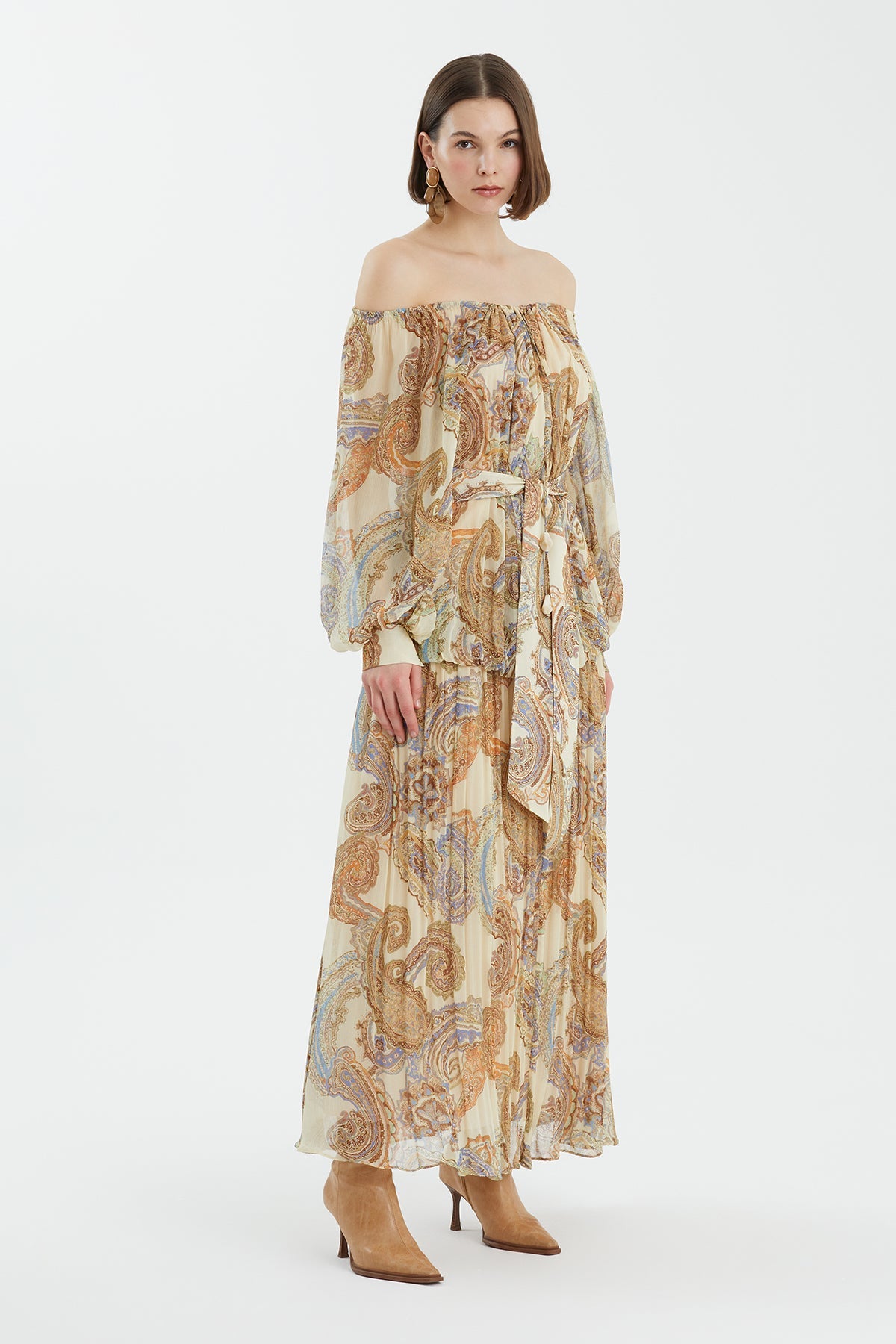 Puff Sleeve Gathered Printed Dress
