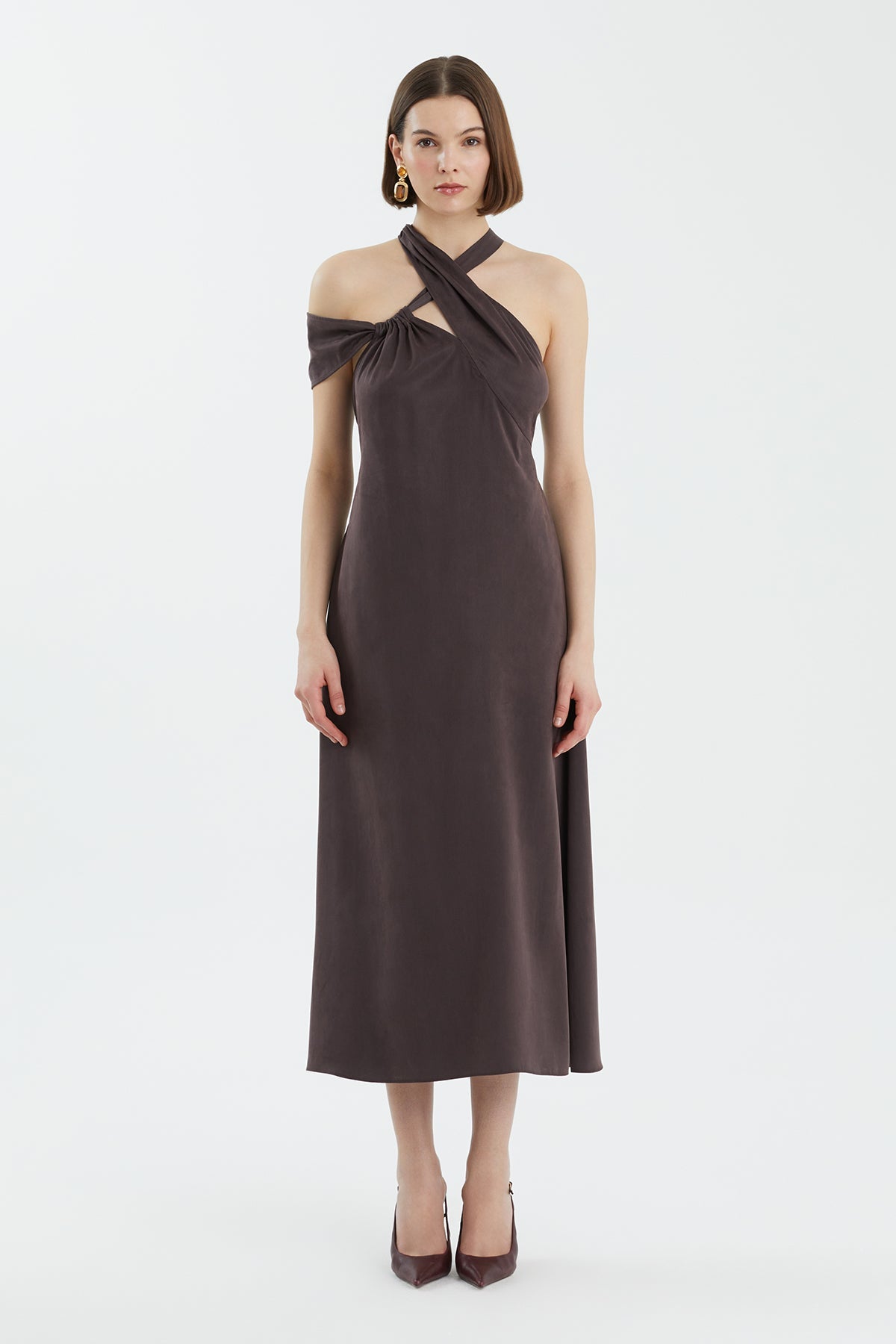 Brown Tie Detail Asymmetric Dress