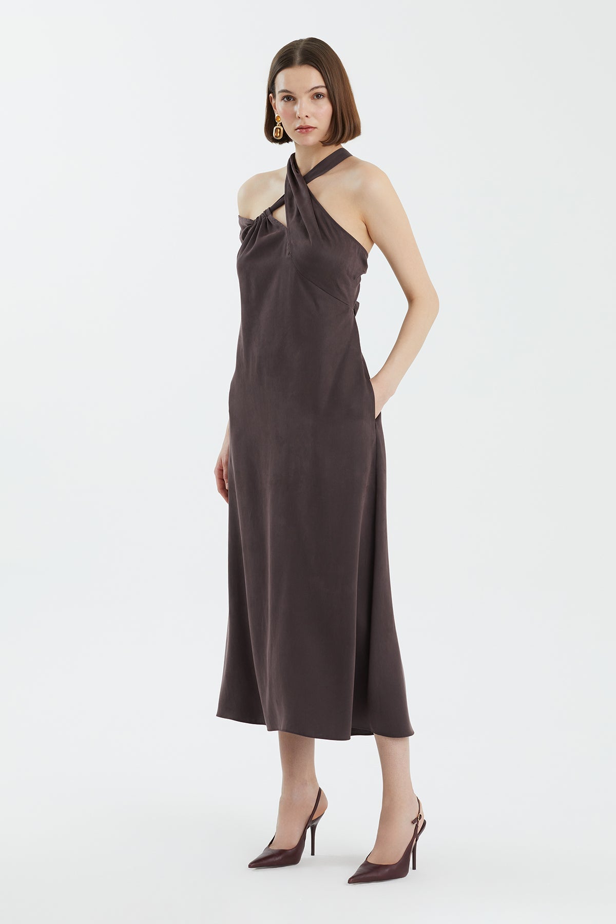 Brown Tie Detail Asymmetric Dress