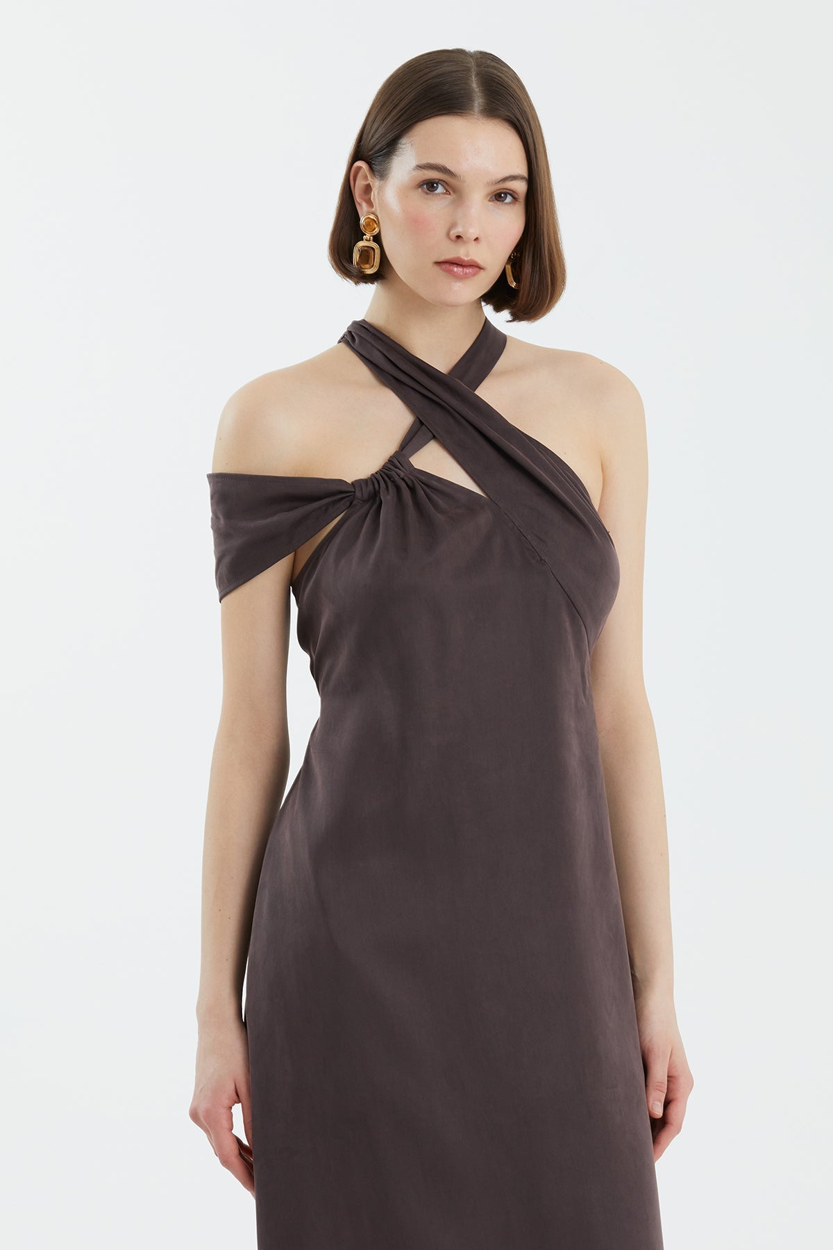 Brown Tie Detail Asymmetric Dress
