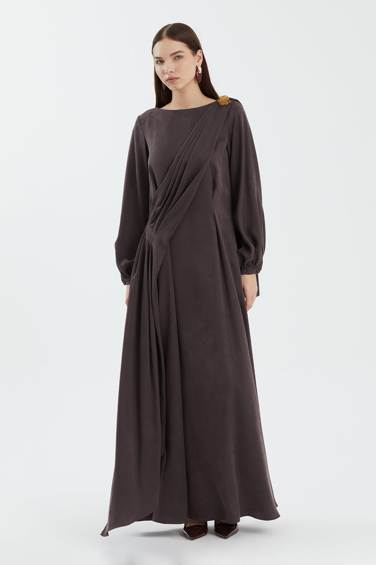 Brown Embellished Shoulder Detail Dress