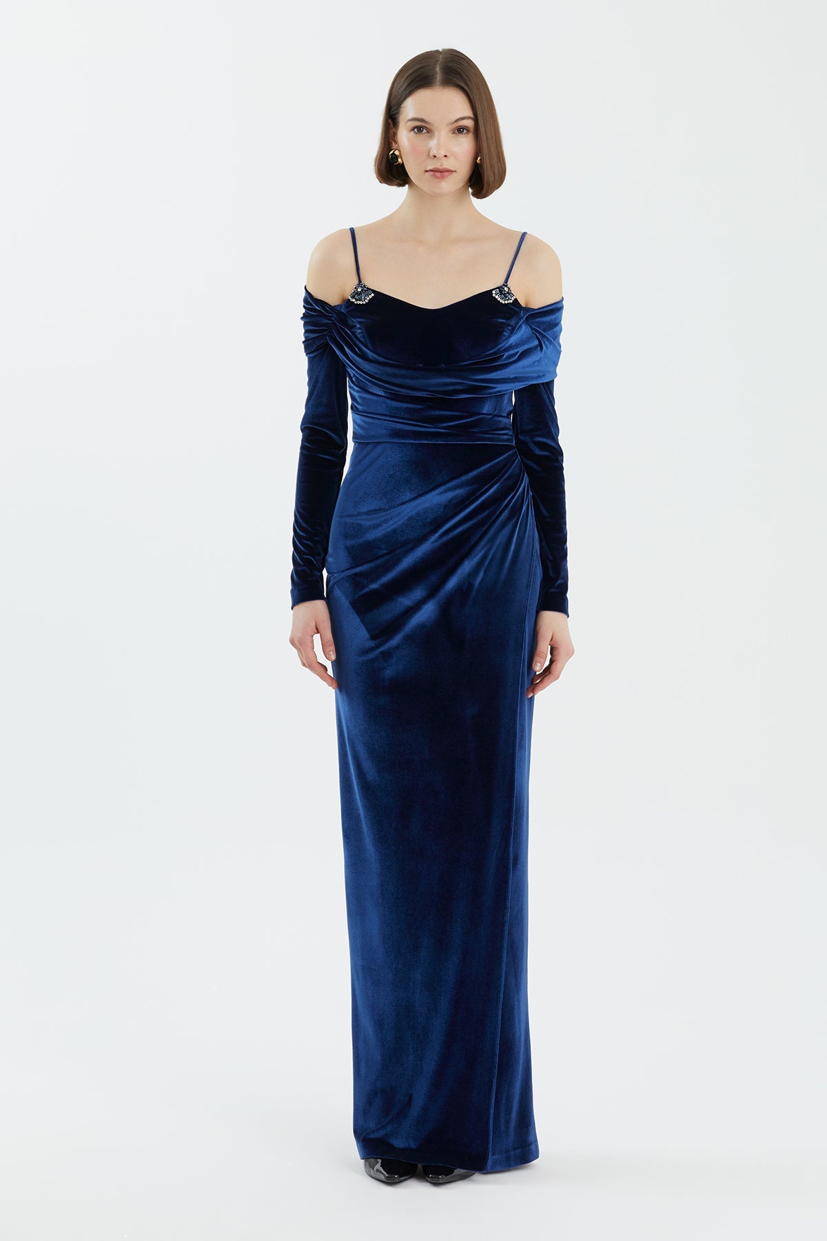 Dark Blue Slit Detail Velvet Dress
