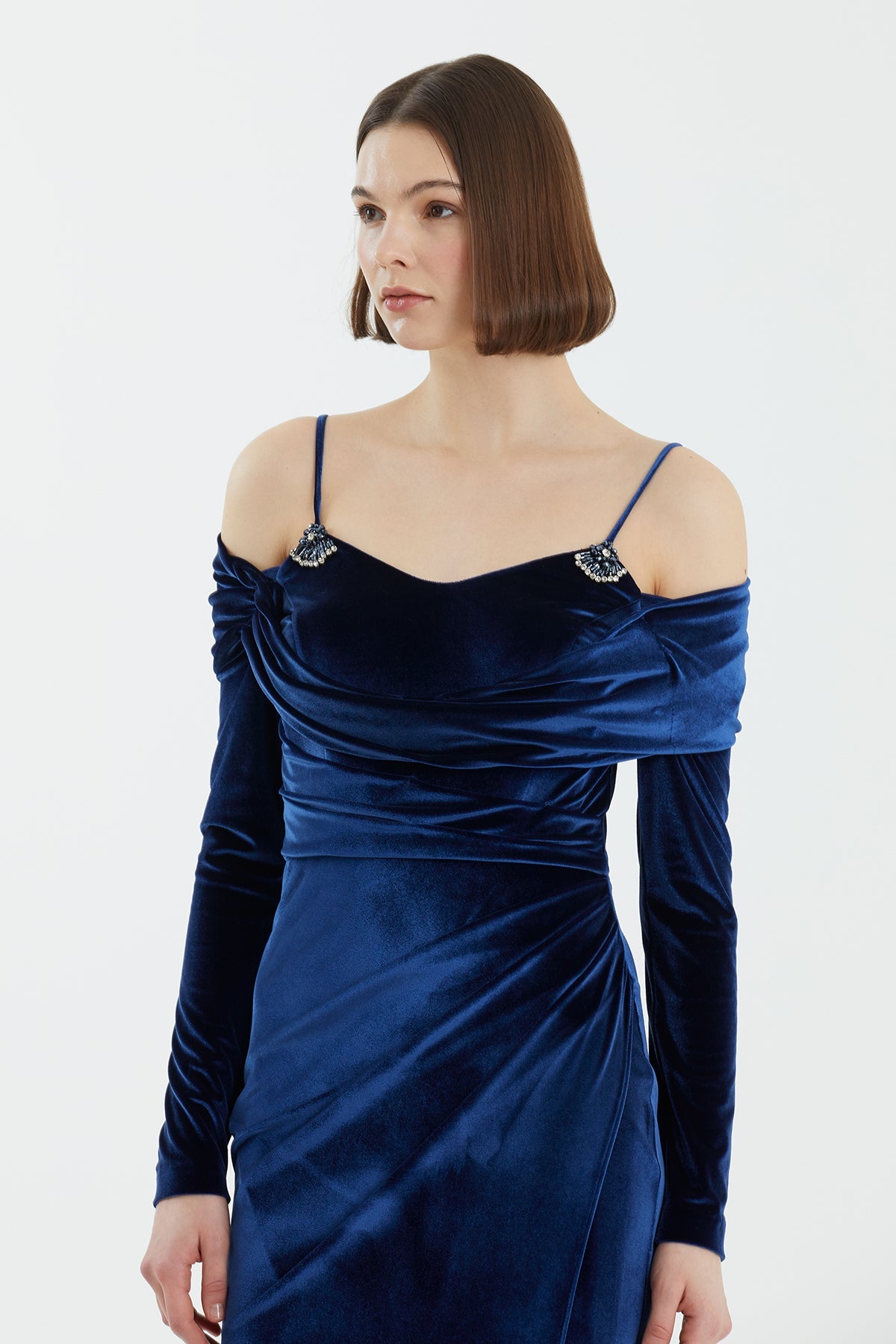 Dark Blue Slit Detail Velvet Dress