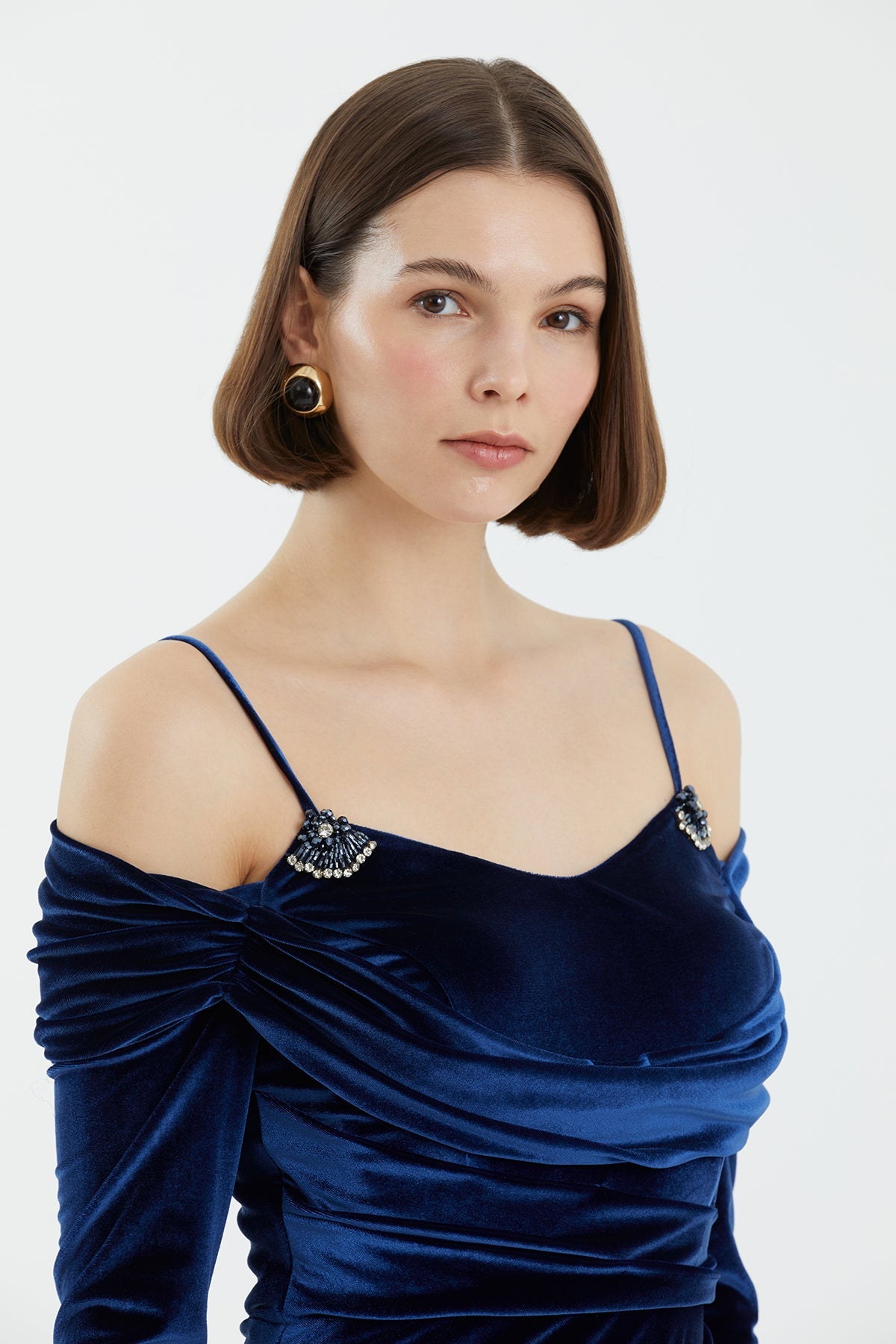 Dark Blue Slit Detail Velvet Dress