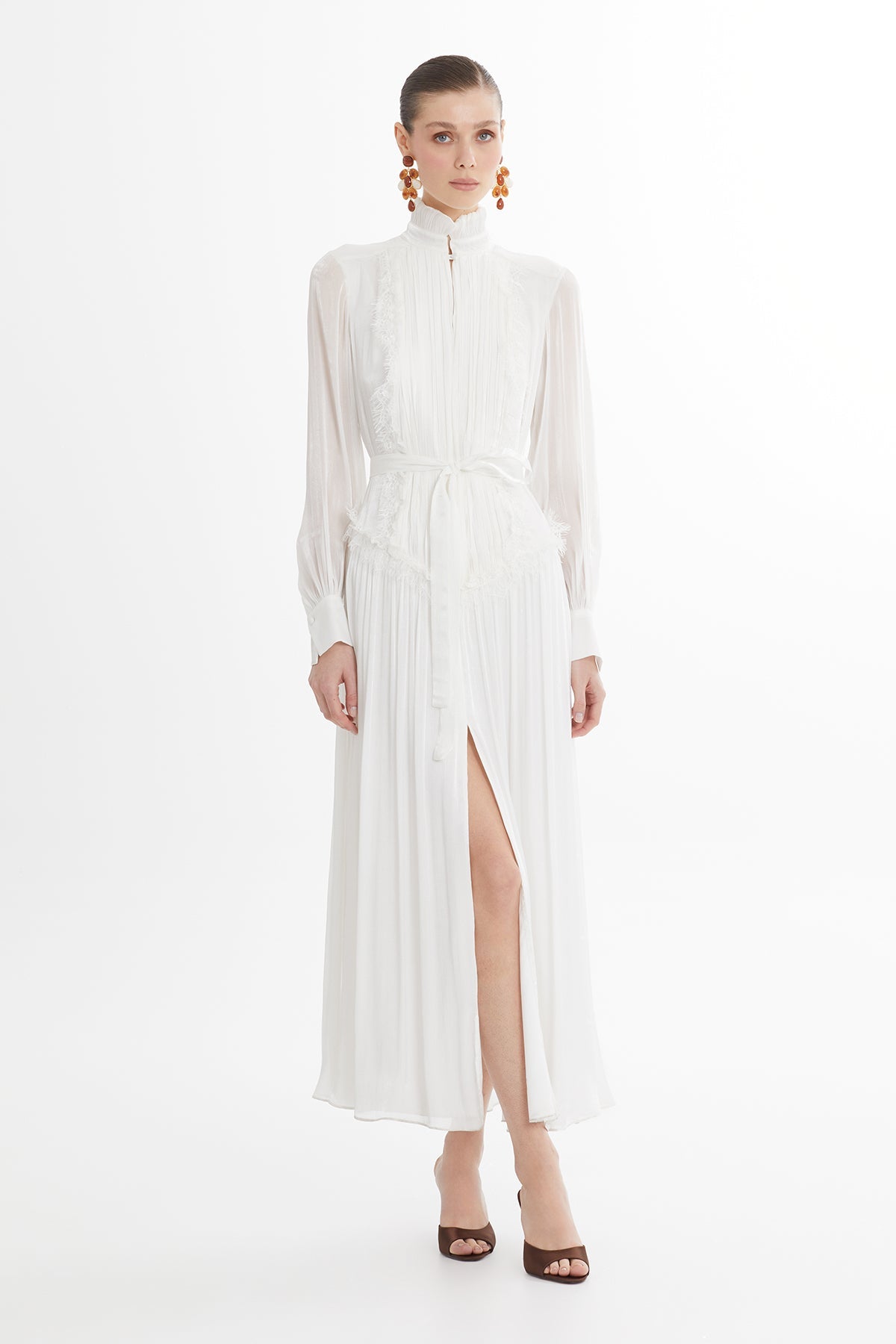 Ecru Lace Trim High Neck Dress