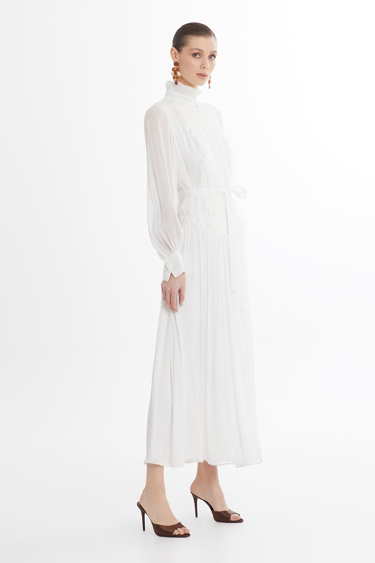 Ecru Lace Trim High Neck Dress