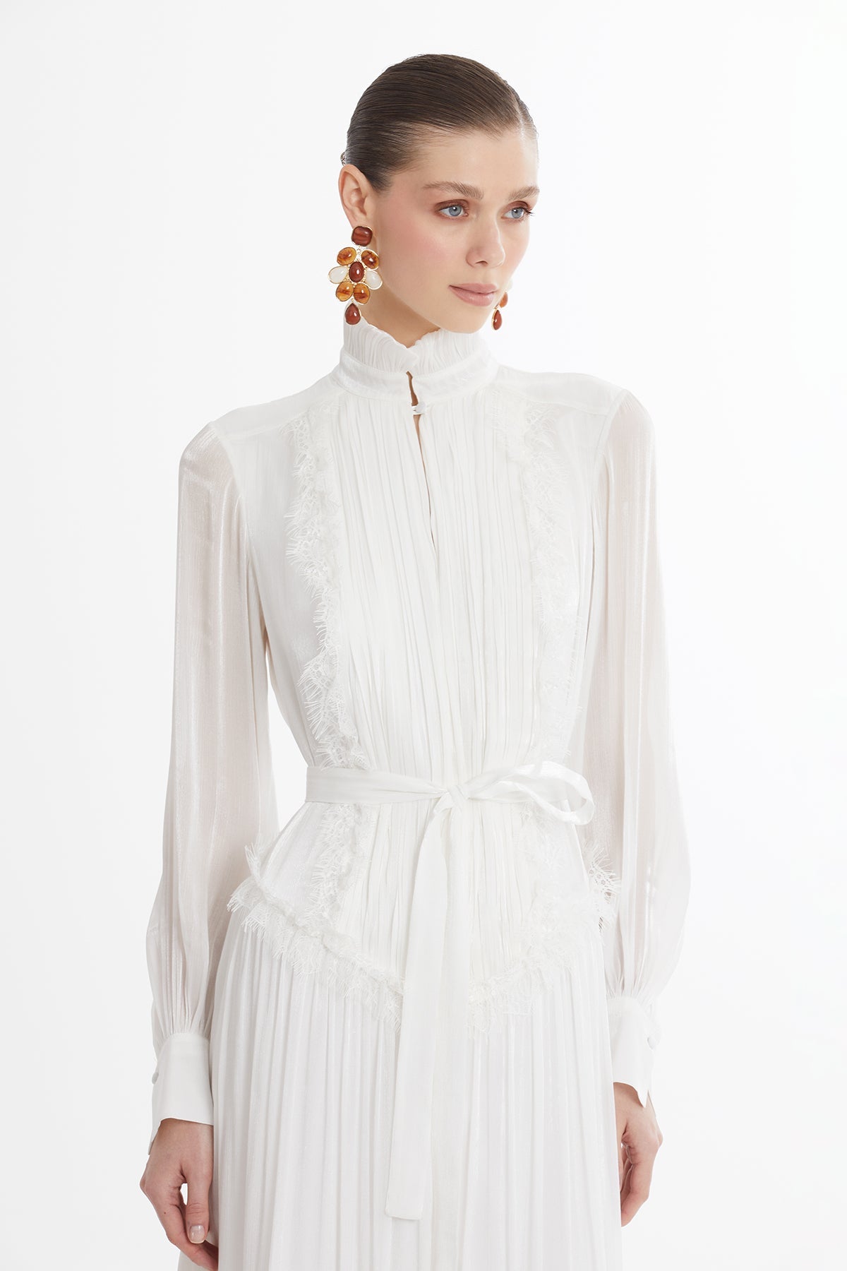 Ecru Lace Trim High Neck Dress