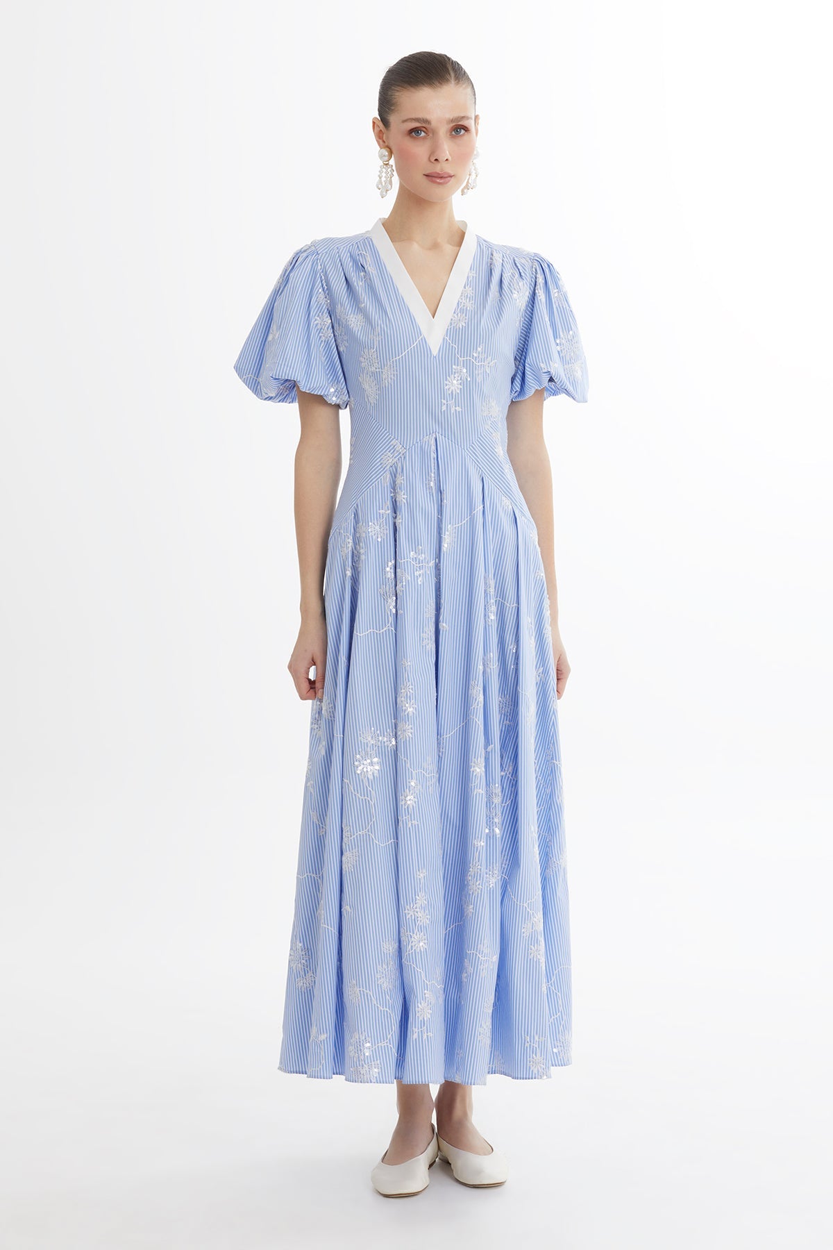 Blue V-Neck Puff Sleeve Dress
