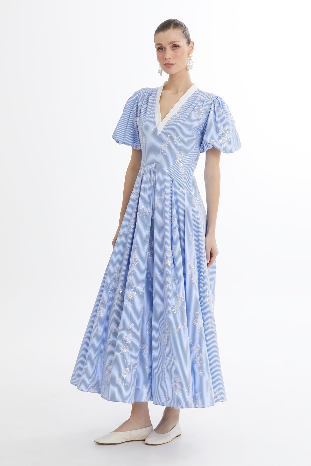 Blue V-Neck Puff Sleeve Dress