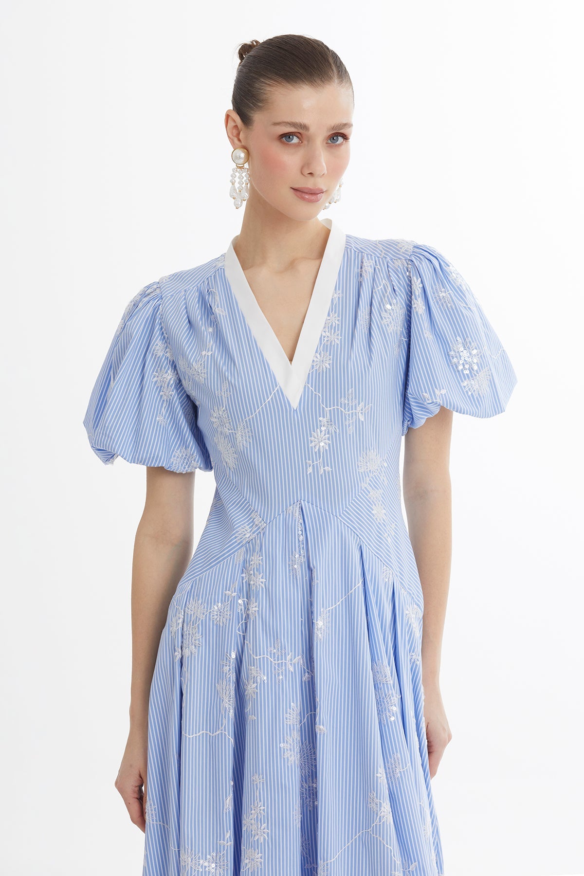 Blue V-Neck Puff Sleeve Dress