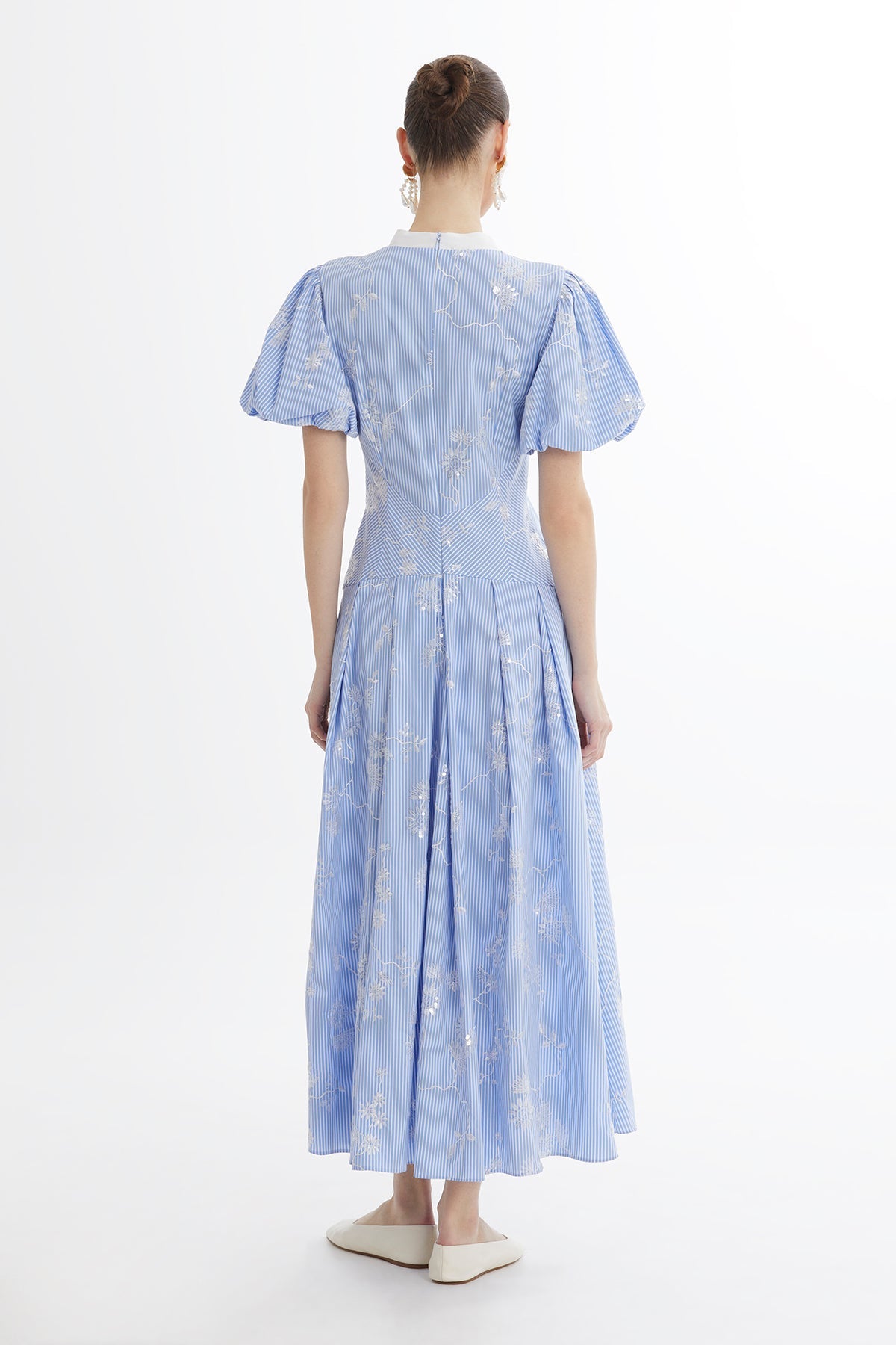 Blue V-Neck Puff Sleeve Dress