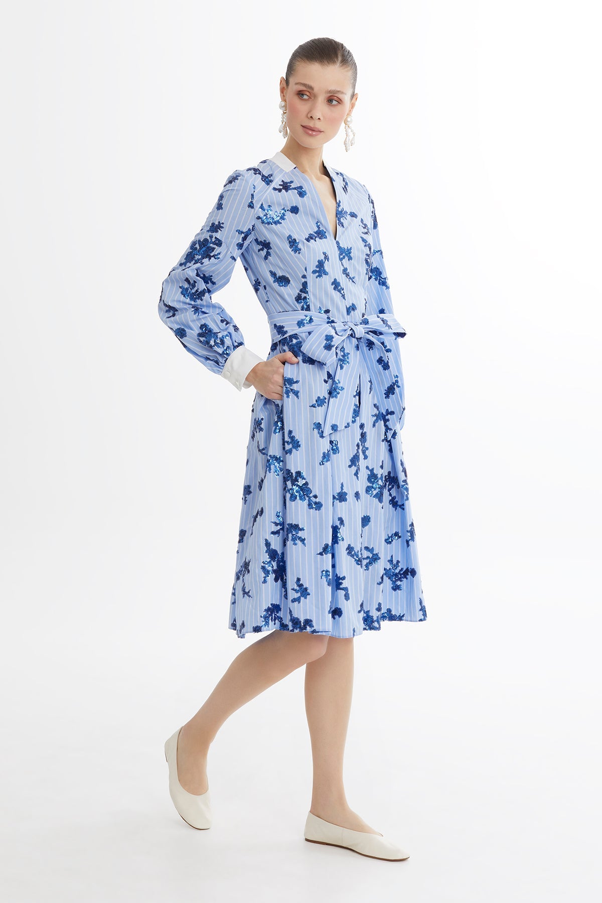 Blue Tie-Waist Pleated Midi Dress