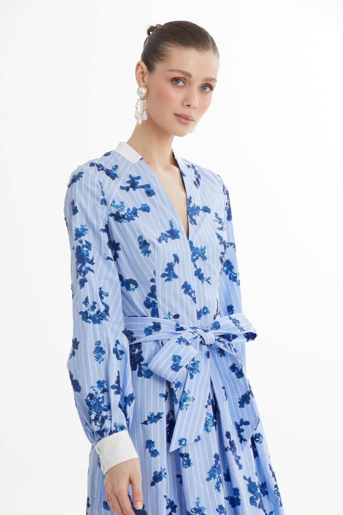 Blue Tie-Waist Pleated Midi Dress