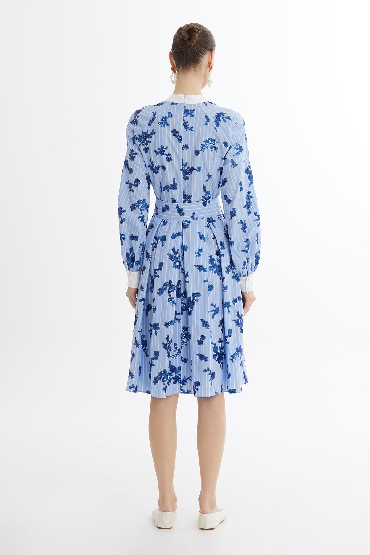 Blue Tie-Waist Pleated Midi Dress