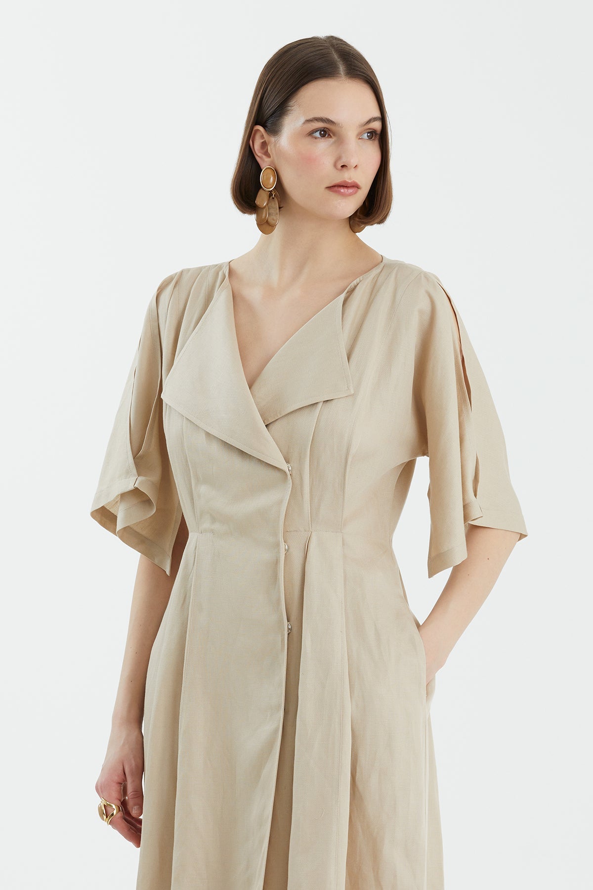 Beige Wrap Pleated Dress N