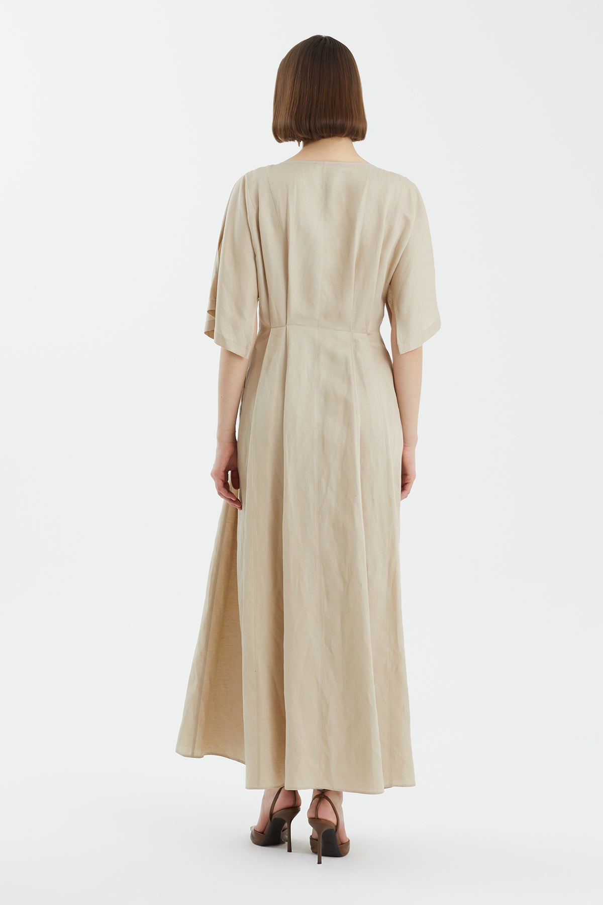 Beige Wrap Pleated Dress N