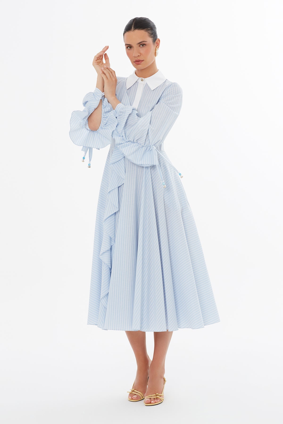 Blue Ruffle Detail Midi Dress