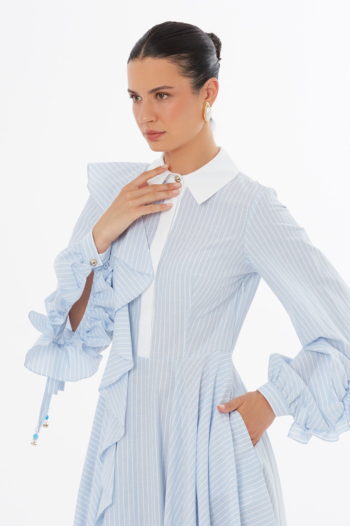 Blue Ruffle Detail Midi Dress