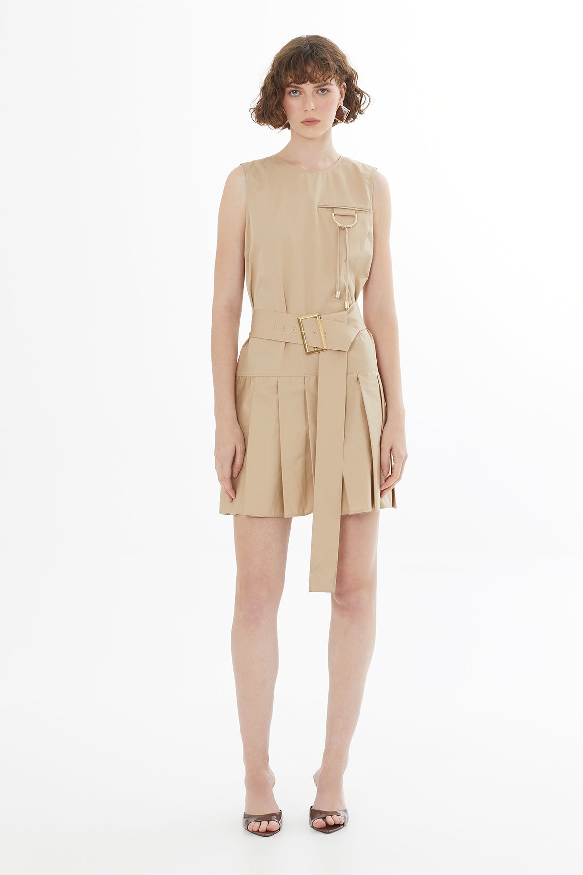 Beıge Sleeveless Pleated Dress