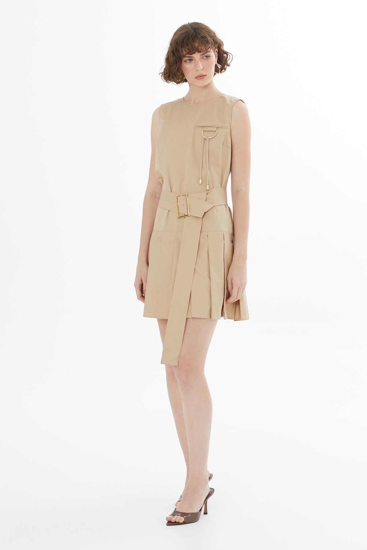 Beıge Sleeveless Pleated Dress