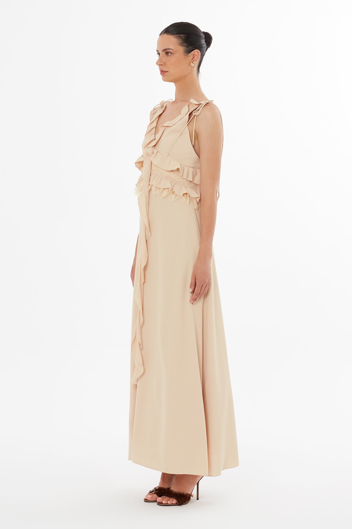 Beige Lace-Up Detail Dress