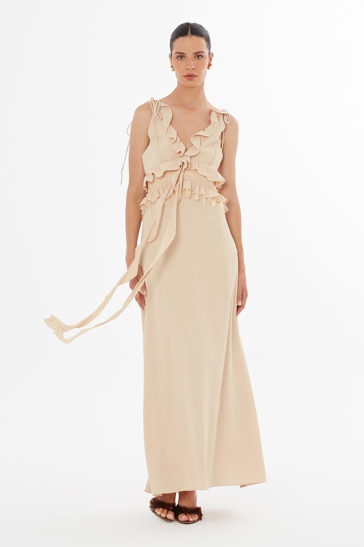 Beige Lace-Up Detail Dress