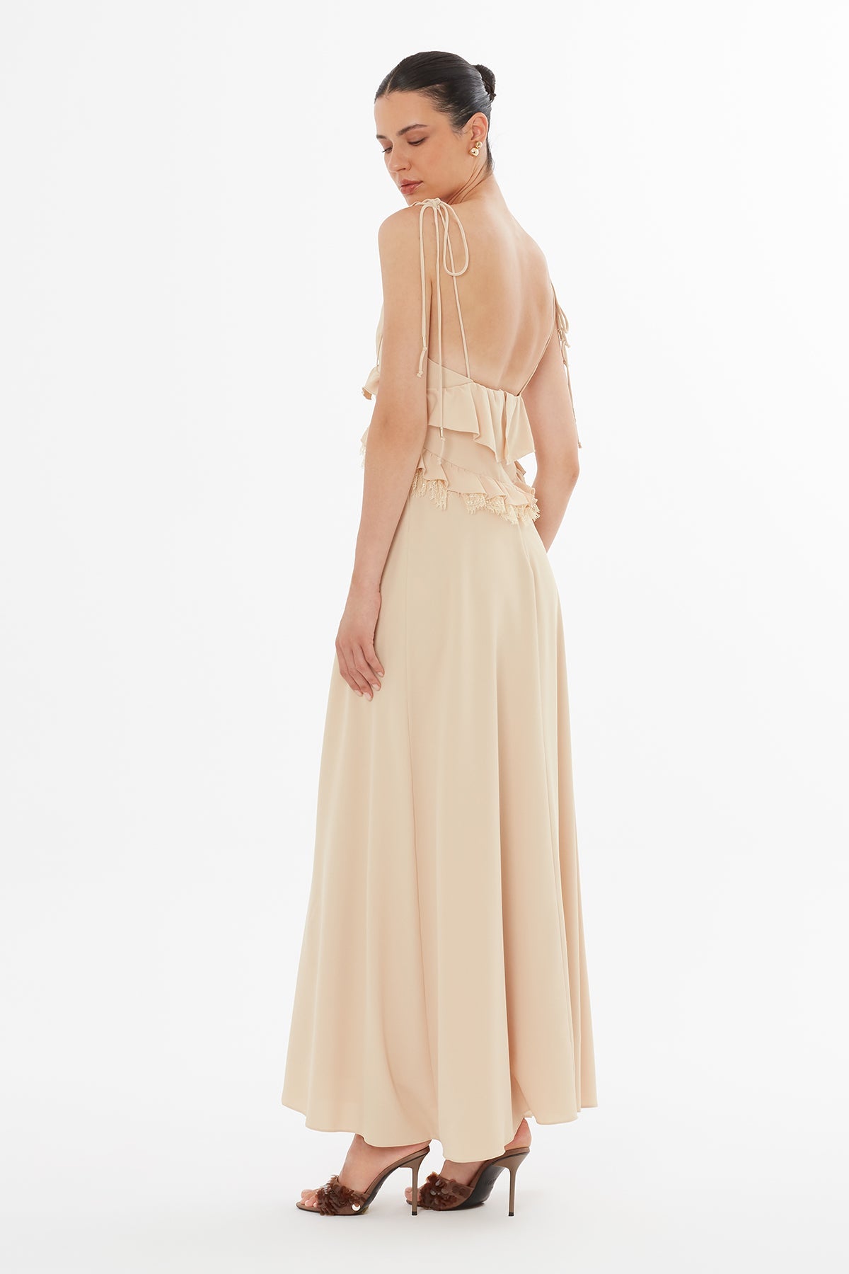 Beige Lace-Up Detail Dress