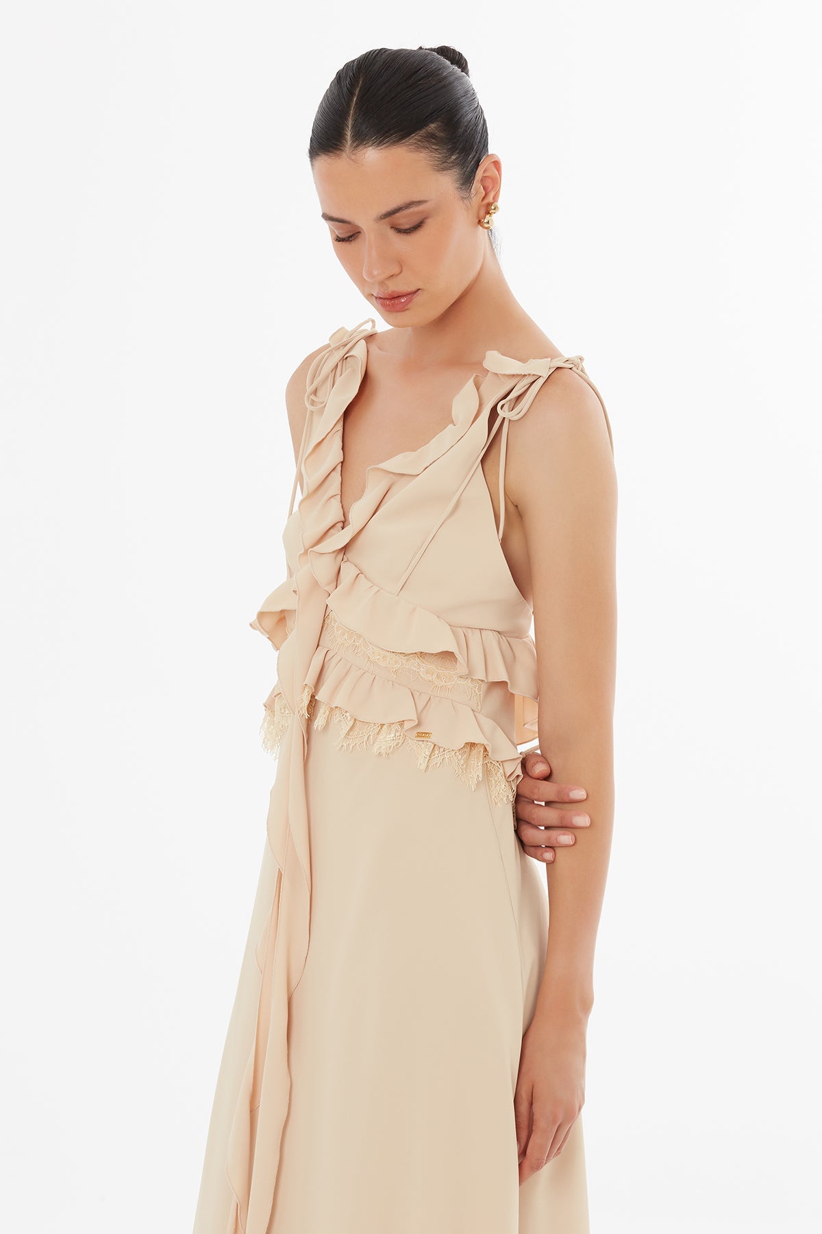 Beige Lace-Up Detail Dress
