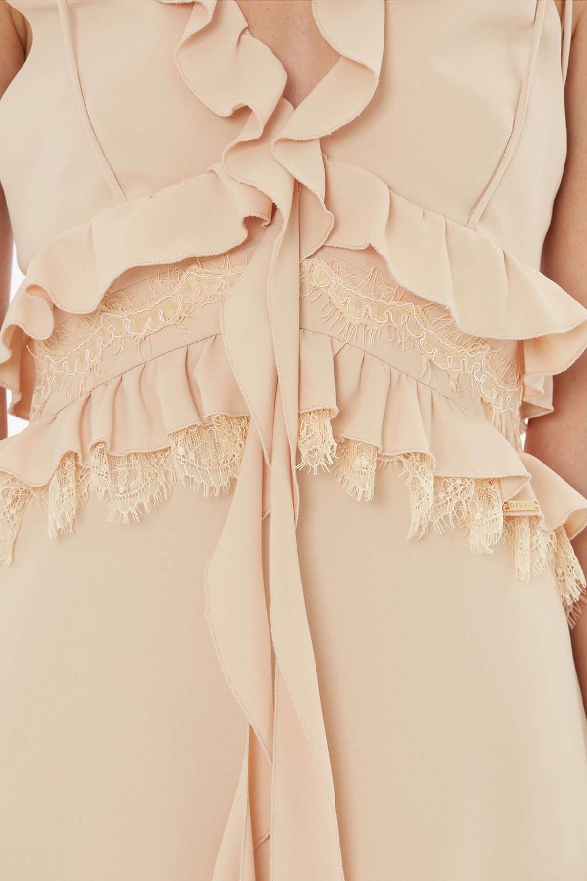 Beige Lace-Up Detail Dress