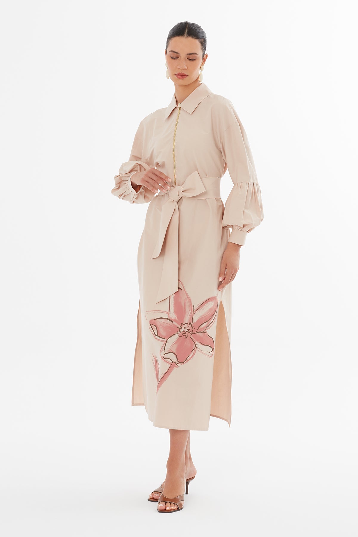 Beige Voluminous Sleeve Woven Dress