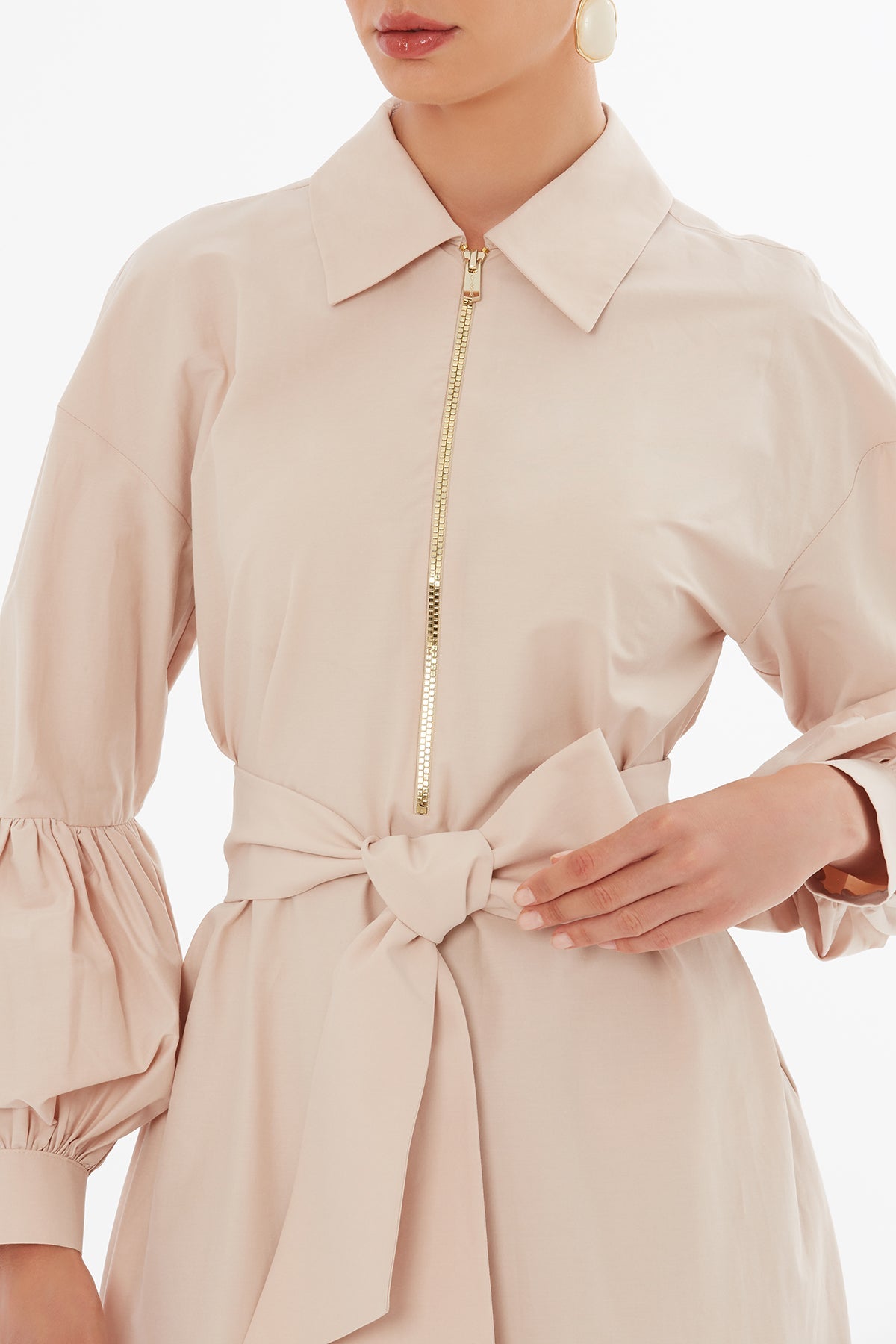 Beige Voluminous Sleeve Woven Dress