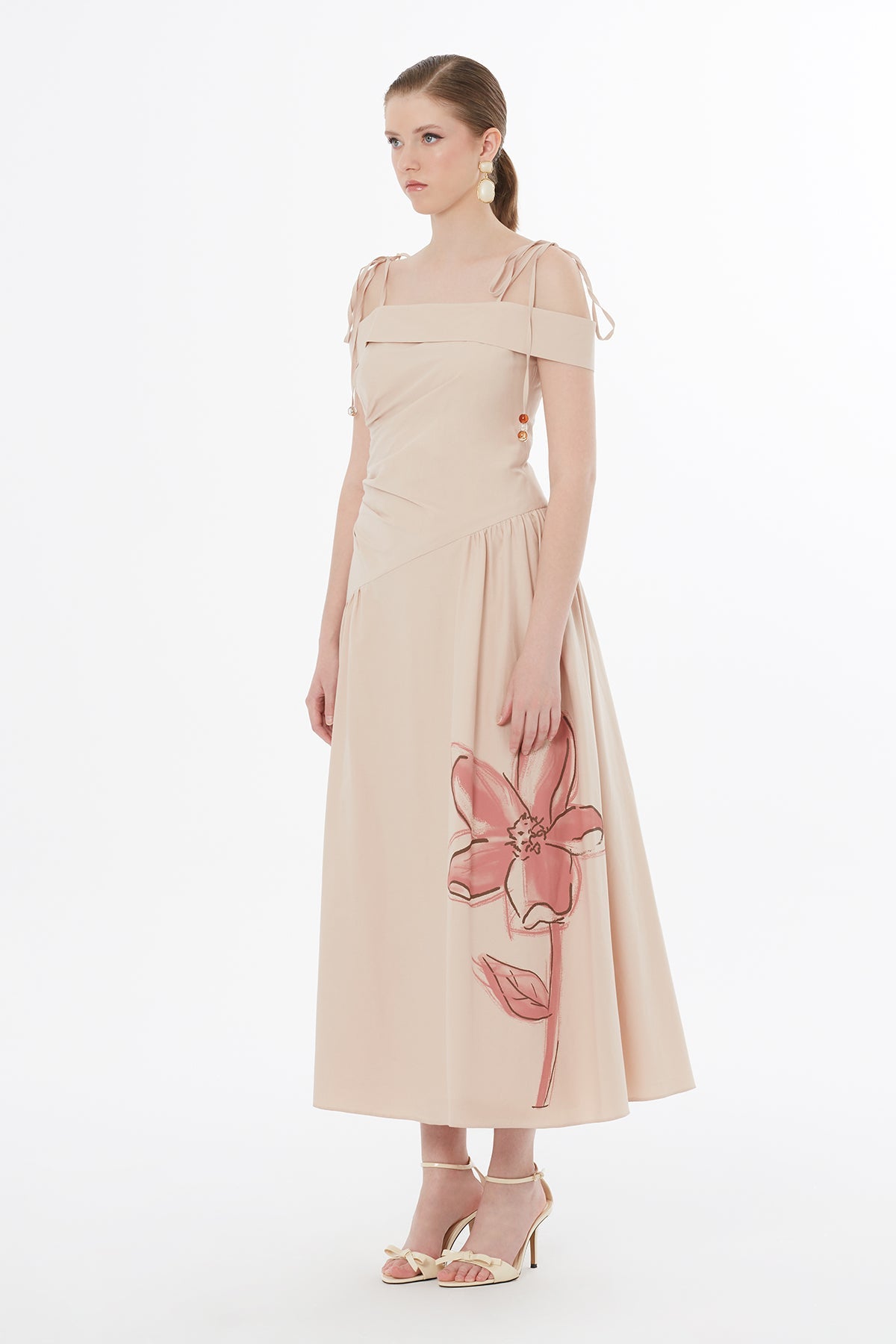 Beige Strappy Floral Print Midi Dress