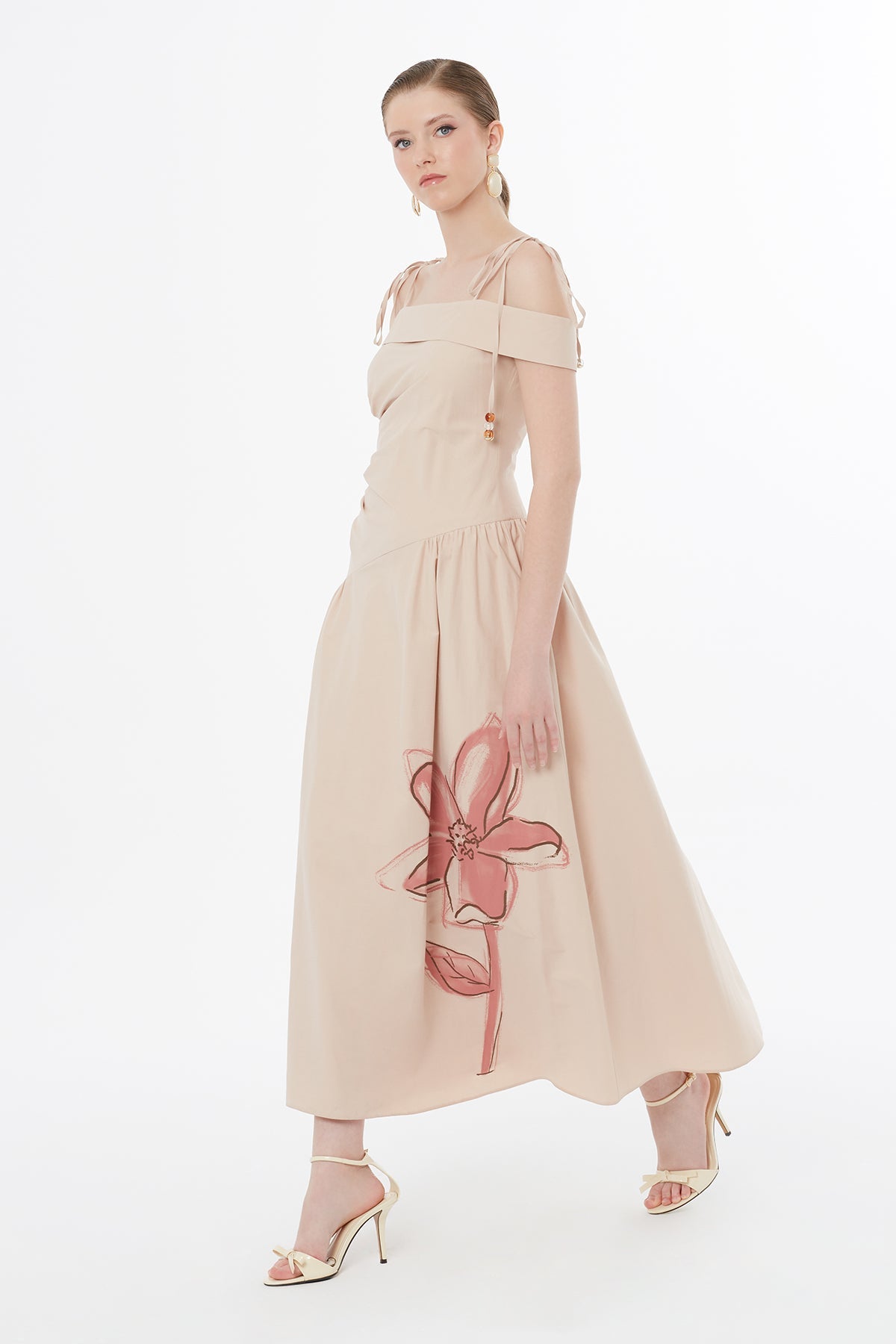 Beige Strappy Floral Print Midi Dress