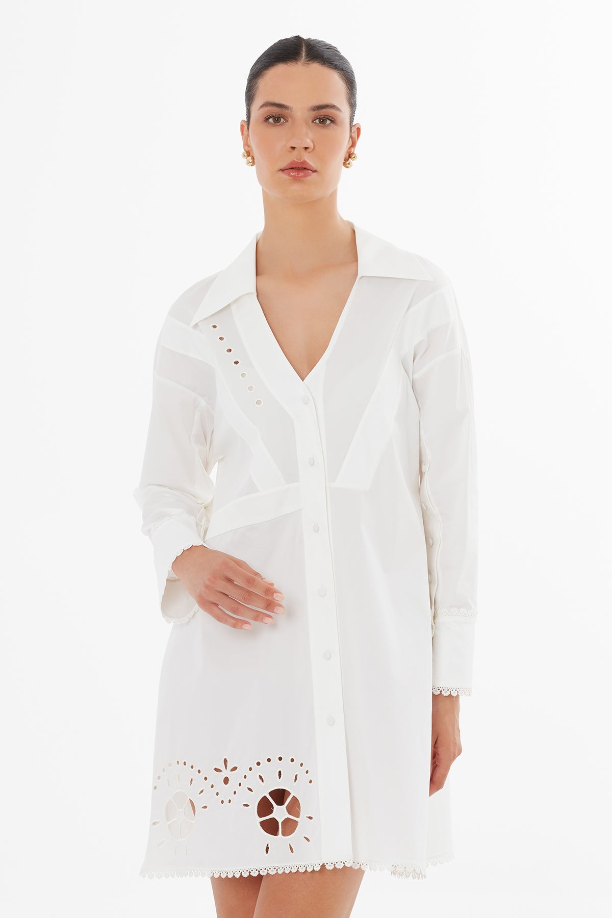 White Long-Sleeve Slit Mini Dress