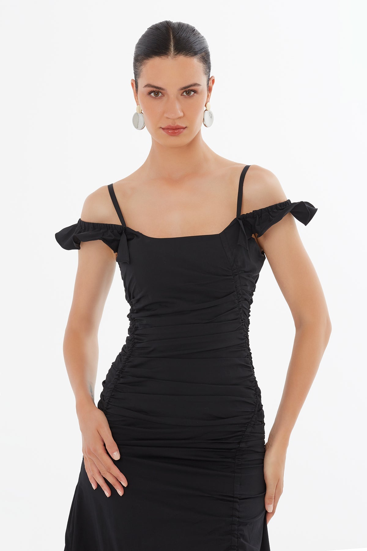 Black Gathered Strap Dress