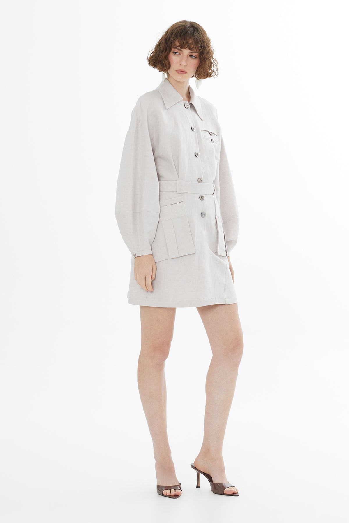 Beige Belted Shirt Mini Dress