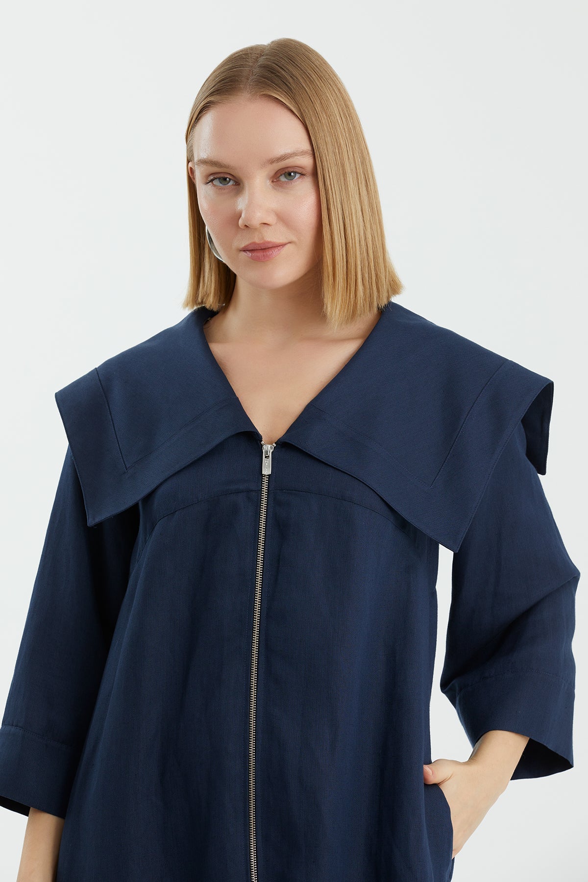 Dark Navy Zip-Front Maxi Dress
