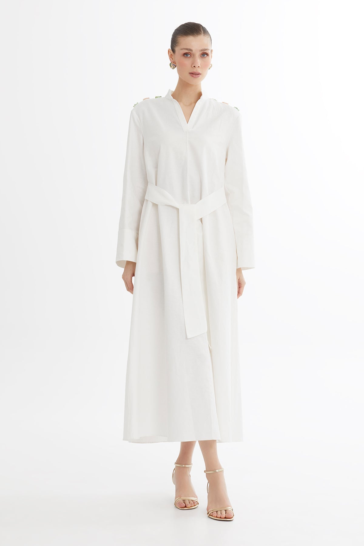 Ecru Bone Button Detail Midi Dress With Beaded Belt