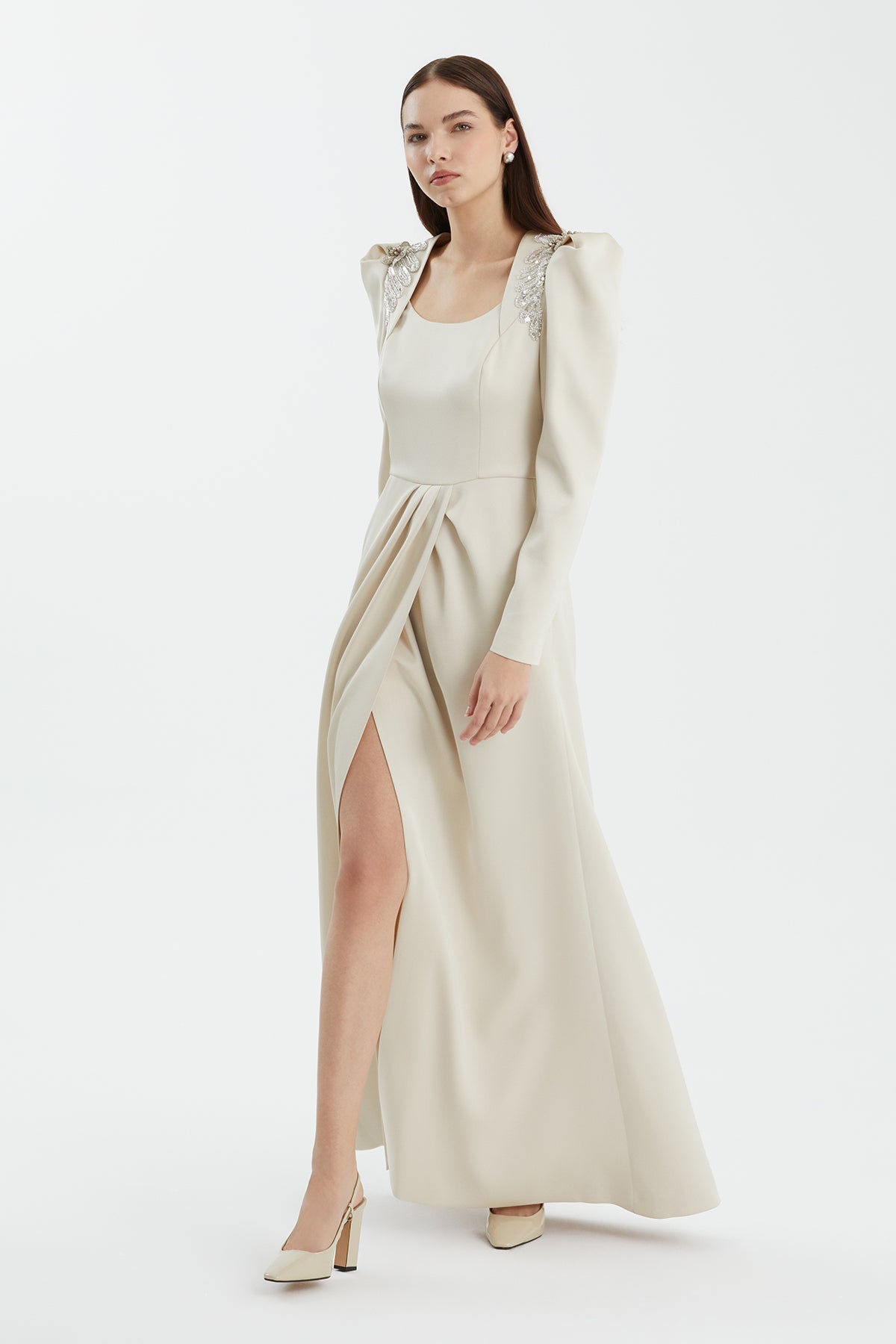 Beige Baige Embellished Slit Detail Dress