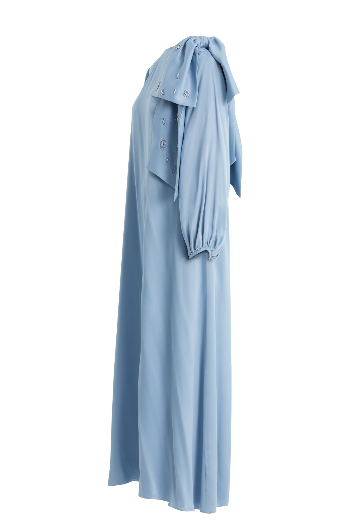 Blue Embroidered Bow-Detail Shoulder Dress