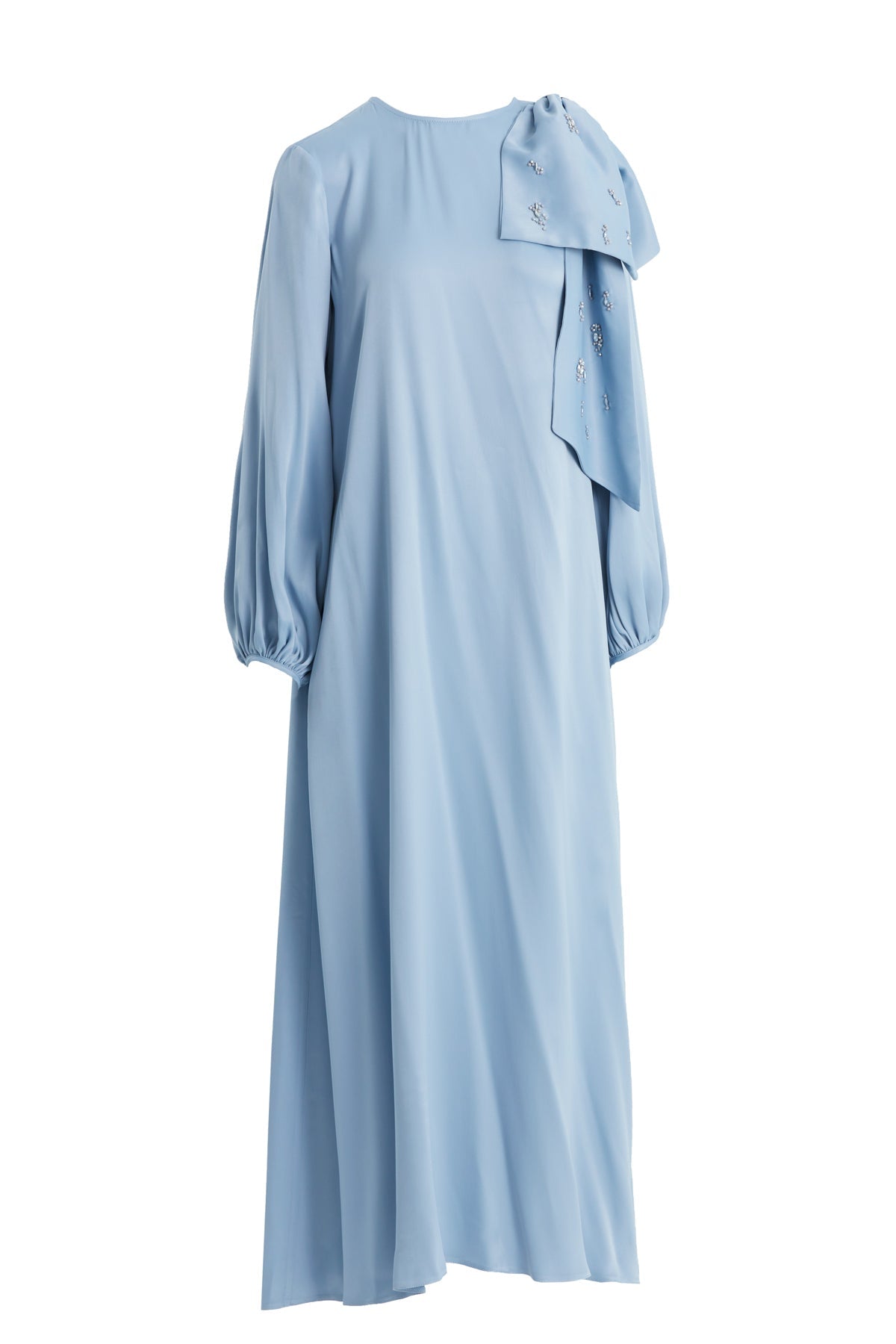 Blue Embroidered Bow-Detail Shoulder Dress
