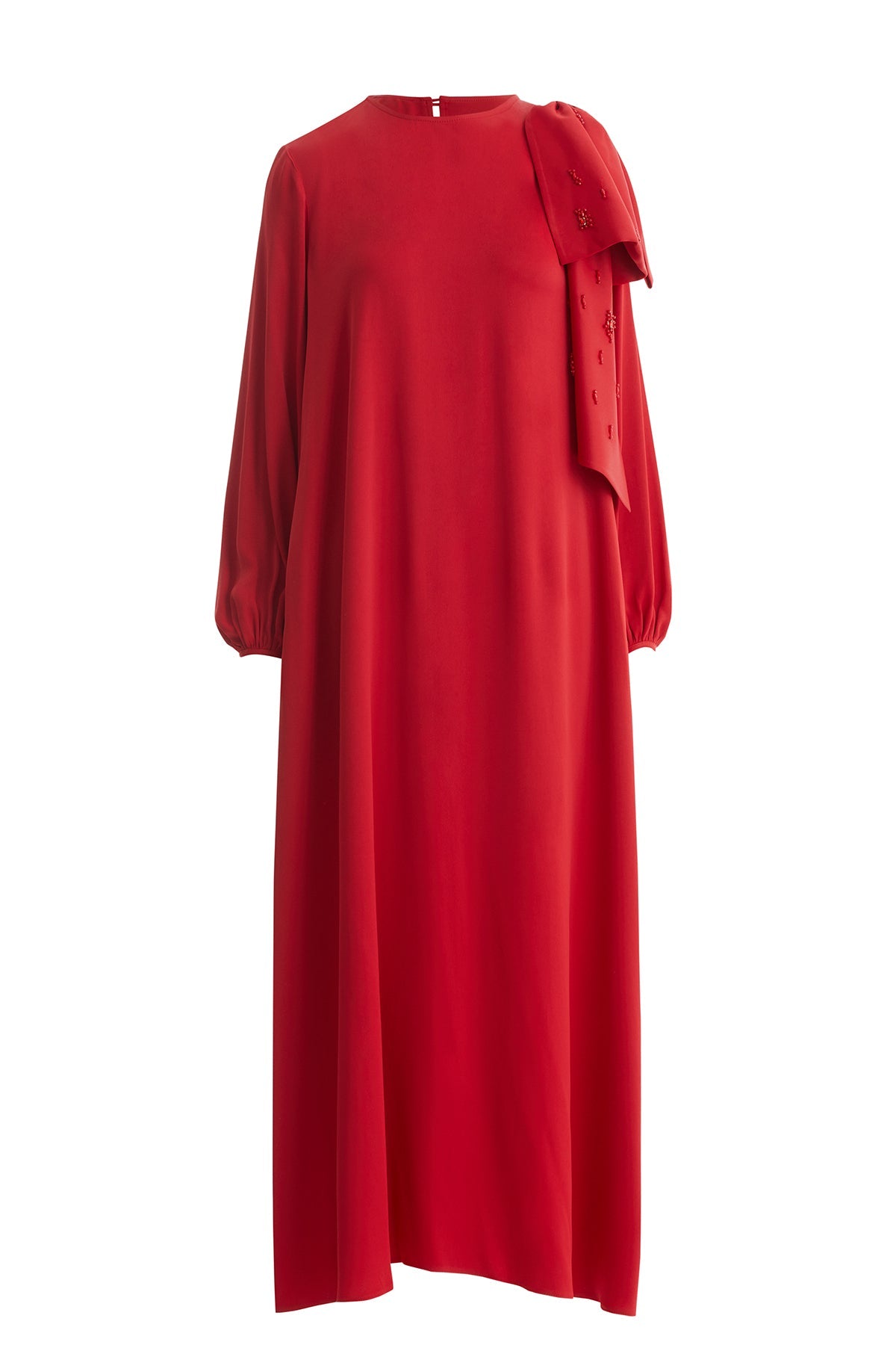 Red Embroidered Bow-Detail Shoulder Dress