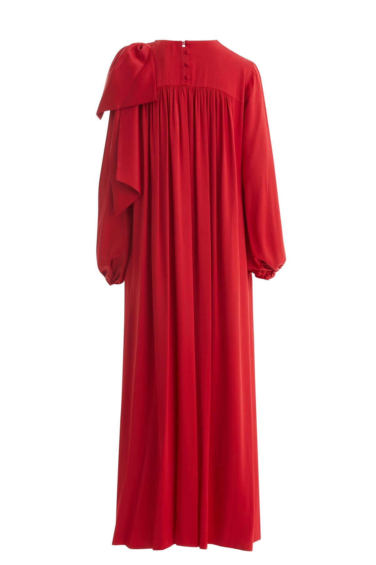 Red Embroidered Bow-Detail Shoulder Dress