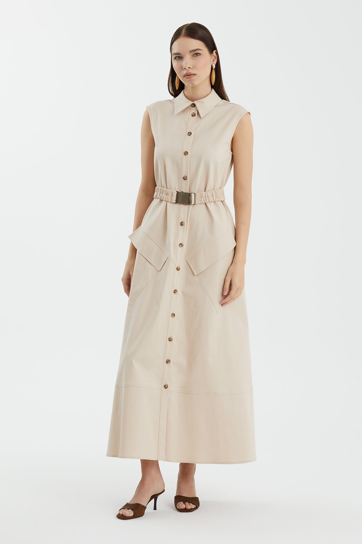 Beige Sleeveless Shirt Dress