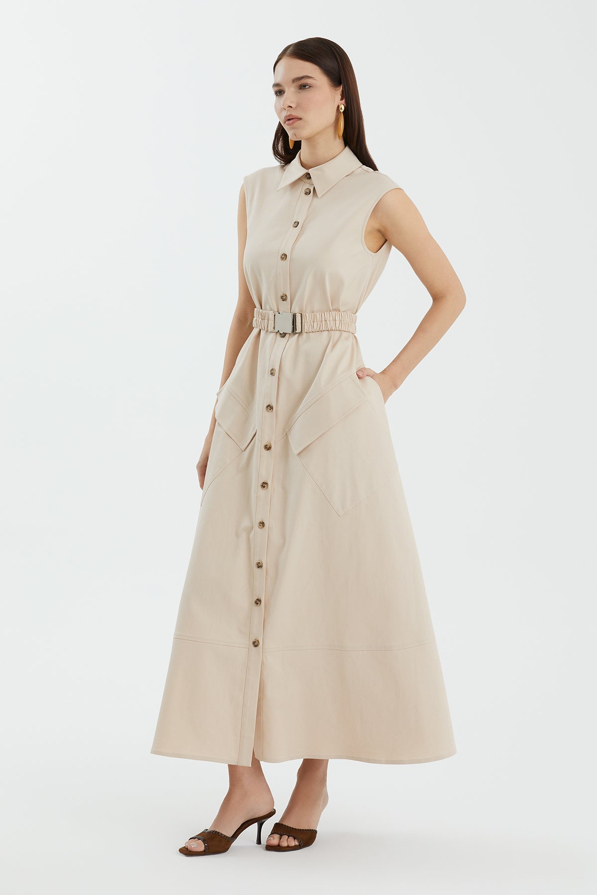 Beige Sleeveless Shirt Dress