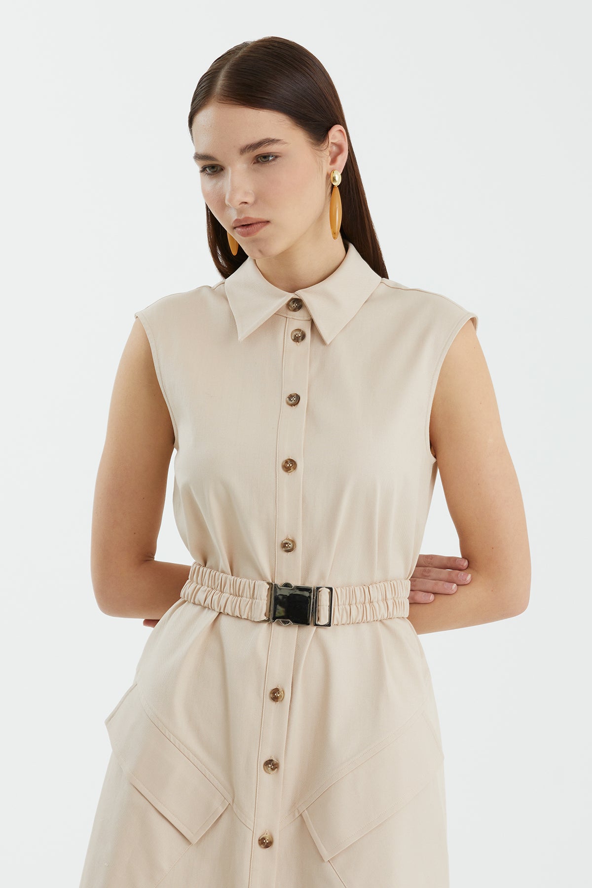Beige Sleeveless Shirt Dress