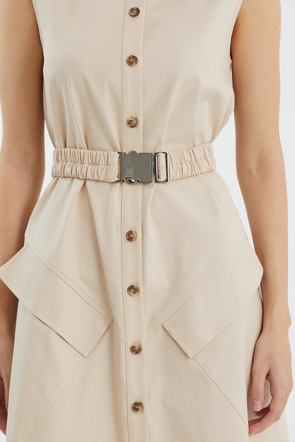 Beige Sleeveless Shirt Dress